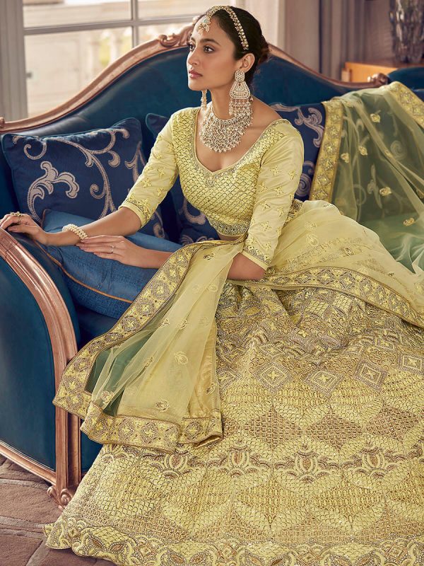 Myra Lime Yellow Crepe Embroidered Lehenga Online