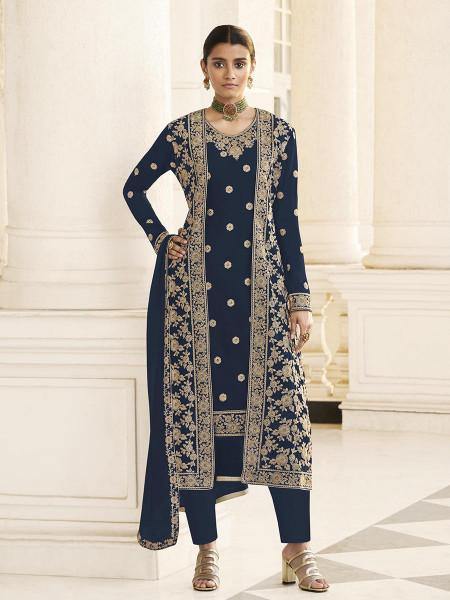 Myra Navy Blue Jacket style Heavy Embroidered Suit Sale