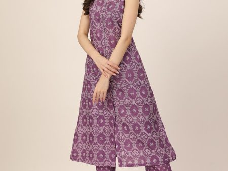 HERE&NOW Purple & White Ethnic Motifs Printed Regular Kurta With Trousers For Sale