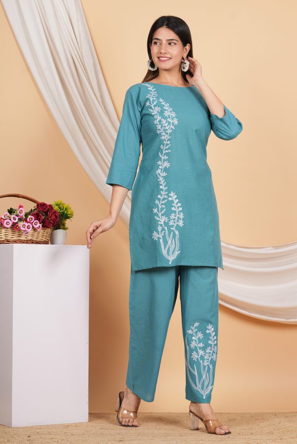 House of RP Women Teal Cotton Embroidered Coords Set For Discount