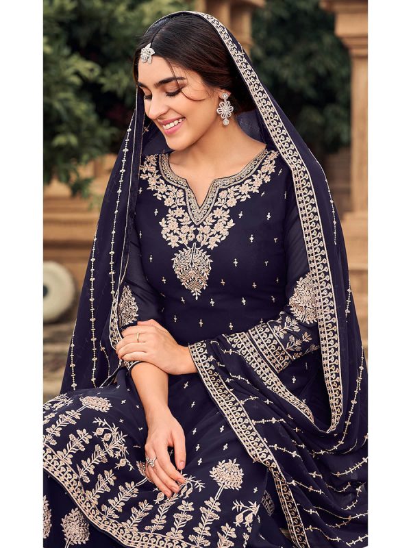 Myra Navy Blue heavy Georgette Koti Style Embroidered Sharara Suit Online now