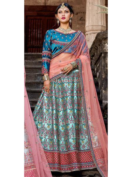 Myra Skyblue Satin Embroidered Lehenga Fashion