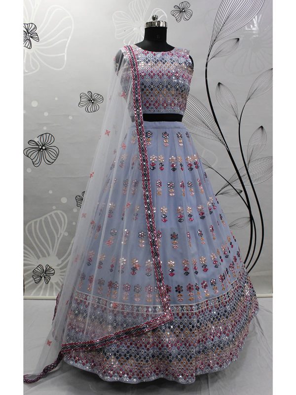 Myra Sky Blue Georgette Embroidered Designer Lehenga Sale