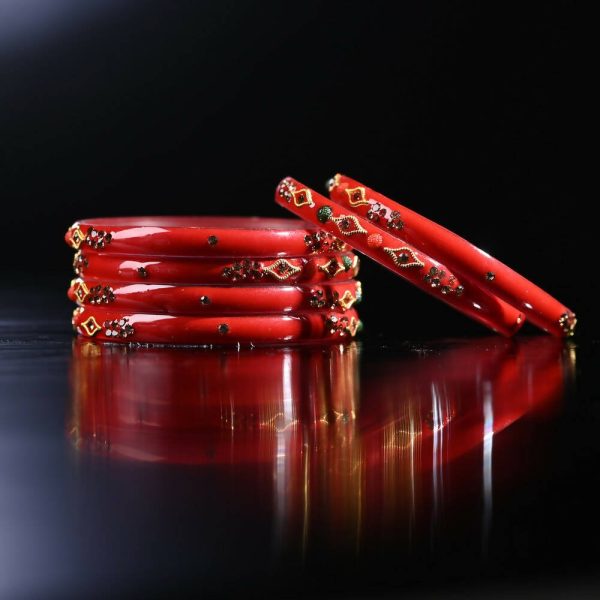 Afast Designer Fancy Party Bangle  Kada Set, Red, Glass, Pack Of 8 Sale