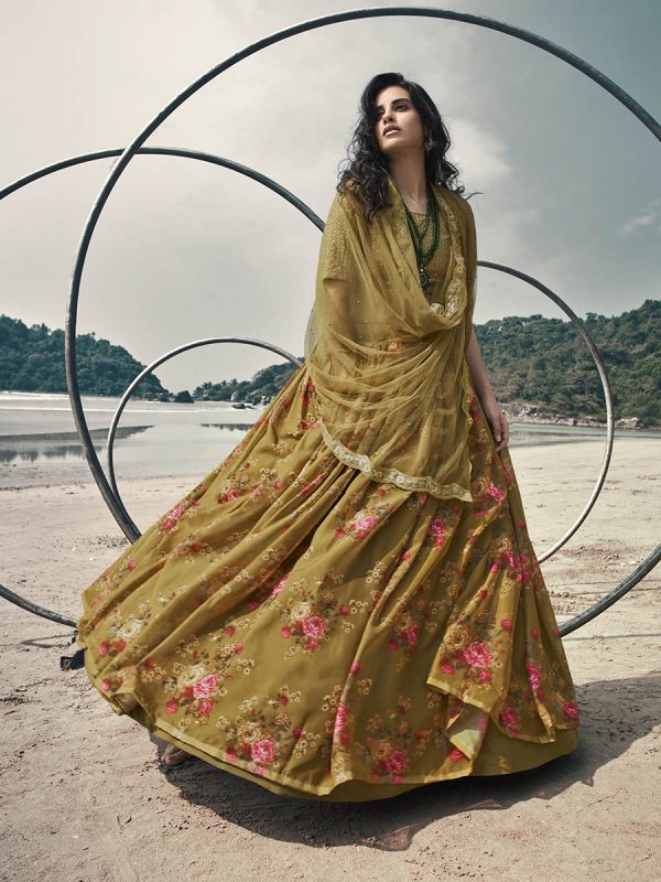 Myra Olive Green Organza Printed & Embroidered Lehenga Sale