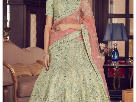 Myra Pista Green Crepe Embroidered Lehenga Online