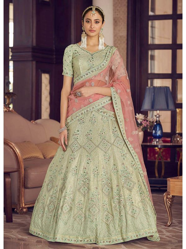 Myra Pista Green Crepe Embroidered Lehenga Online