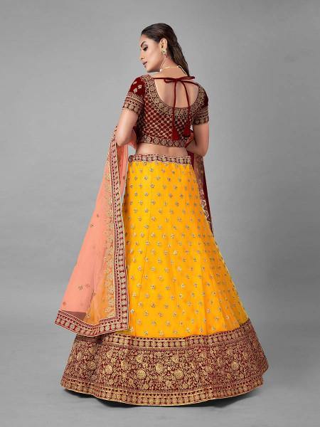 Myra Musturd Heavy Embroidered Soft Net and Velvet Bridal Lehenga Online now