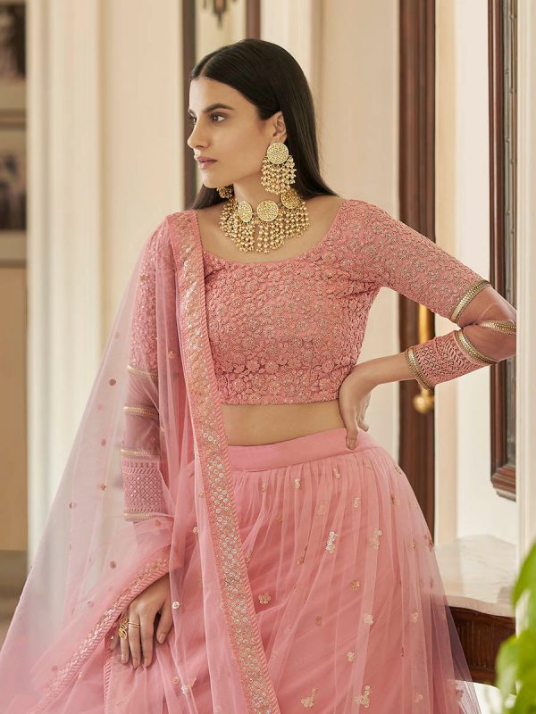 Myra Peach Soft Net Embroidered Lehenga on Sale