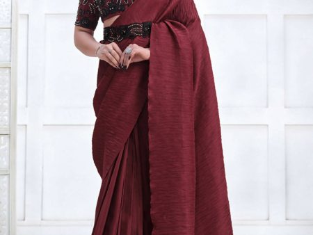 Maroon Crepe Silk Georgette Texture with Cord, Sequence Embroidered & Stone work Saree - Mohmanthan Majestica For Sale