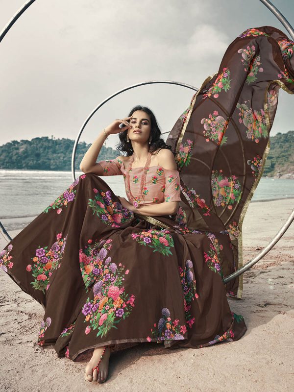 Myra Pink Organza Printed & Embroidered Lehenga Discount