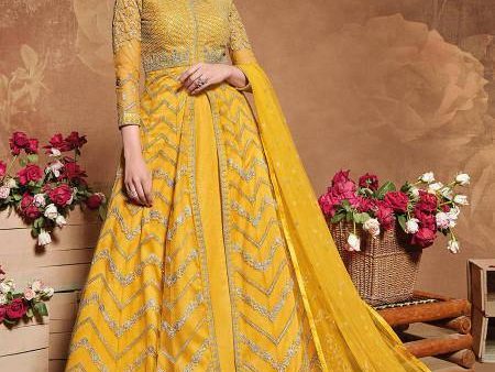 Myra Mustard Yellow Butterfly Net Embroidered Anarkali Suit Online Sale