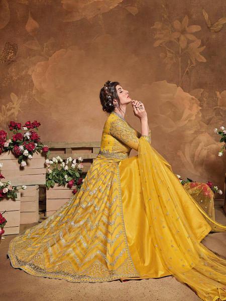 Myra Mustard Yellow Butterfly Net Embroidered Anarkali Suit Online Sale