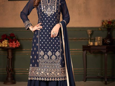 Myra Navy Blue Faux Georgette Embroidered Sharara Suit Sale