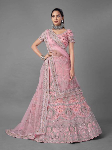 Myra Pink Heavy Embroidered Soft Net Bridal Lehenga Online Hot Sale