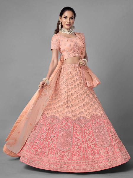 Myra Peach Heavy Embroidered Soft Net Bridal Beautiful Lehenga For Cheap