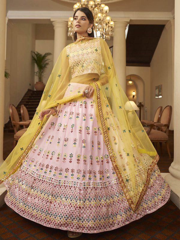 Myra Pink and Yellow Georgette Embroidered Designer Lehenga Discount