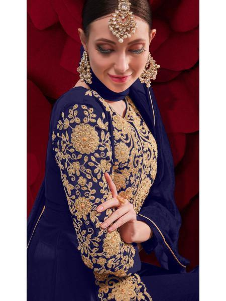 Myra Navy Blue Georgette Embroidered Anarkali Pant Style Suit Hot on Sale