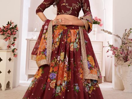 Myra Maroon Digital Printed Georgette Lehanga For Cheap