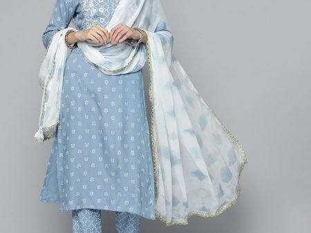 HERE&NOW Women Blue & White Ethnic Embroidered Kurta with Trousers & With Dupatta on Sale