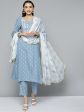 HERE&NOW Women Blue & White Ethnic Embroidered Kurta with Trousers & With Dupatta on Sale