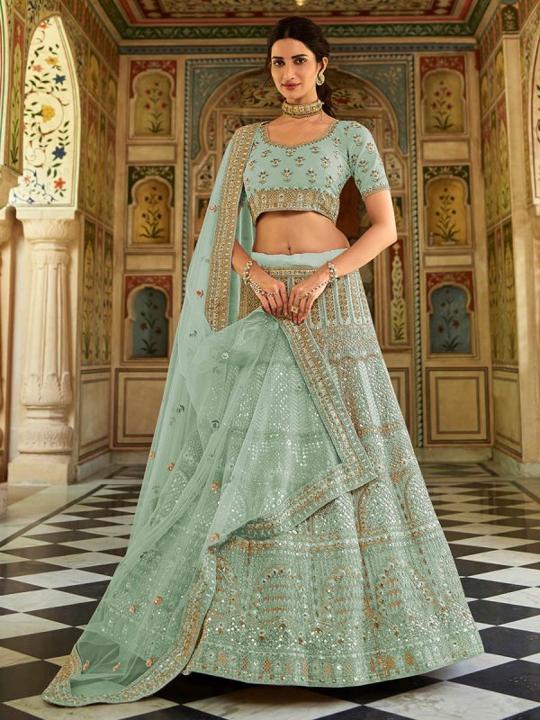 Myra Sea Blue Organza Embroidered Lehenga Choli For Discount