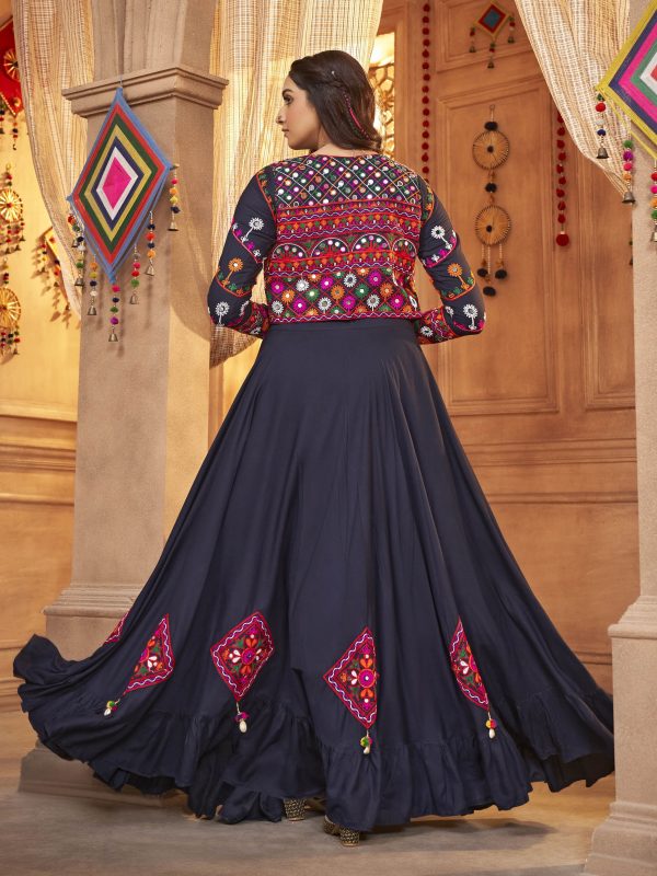 Myra Navy Blue Koti Style Viscose Rayon Embroidered Designer Navratri Special Lehenga on Sale