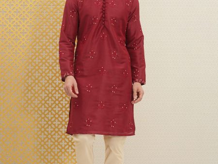 House of Pataudi Men Red Embroidered Jashn Straight Kurta Supply