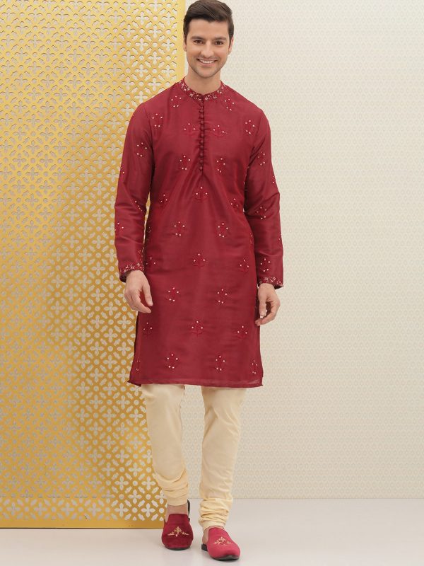 House of Pataudi Men Red Embroidered Jashn Straight Kurta Supply