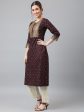 Khushal K Women Brown & Gold-Toned Ethnic Motifs Printed Straight Kurta on Sale