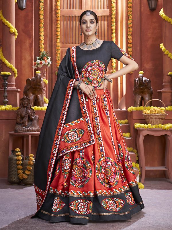 Myra Red Art Silk Gamthi Work Designer Lehenga on Sale