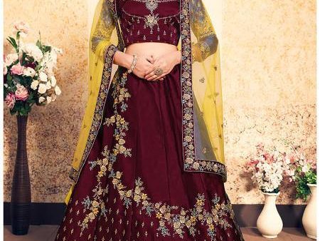 Myra Maroon Satin Embroidered Lehenga Hot on Sale