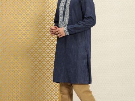 House of Pataudi Men Navy Blue Embroidered Striped Pattern Jashn Kurta For Cheap