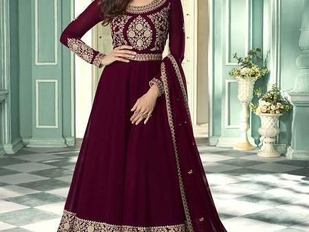 Myra Wine and Gold Georgette Embroidered Anarkali Suit Online