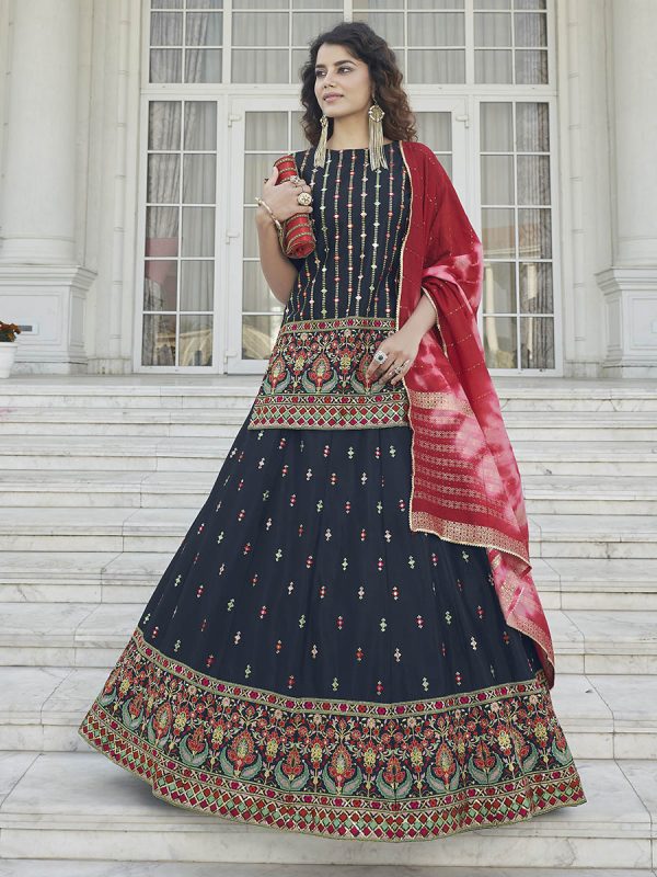 Myra Navy Blue - Pink Embroidered Designer Lehenga Sale