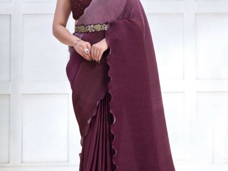 Wine Crepe satin silk Texture with Cord & Sequence Embroidered and Stone work Saree - Mohmanthan Majestica Online Hot Sale