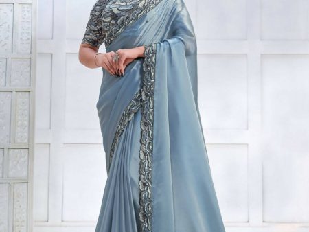 Blue Crepe satin silk Cord & Sequence Embroidered Saree - Mohmanthan Majestica Supply