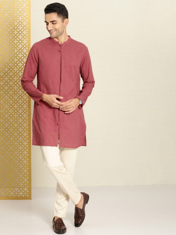 House of Pataudi Men Pure Cotton Solid Straight Mandarin Collar Rozana Kurta For Discount