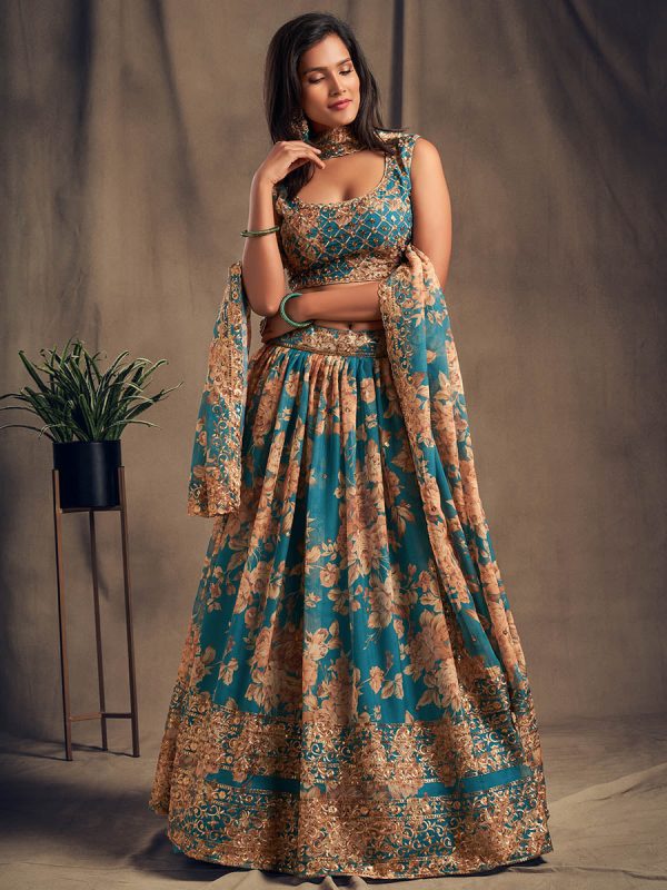 Myra Teal Blue Organza Silk Embroidered Lehenga Supply