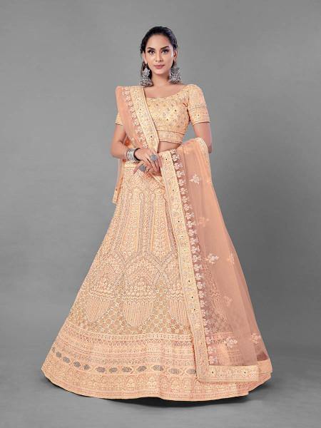 Myra Peach Heavy Embroidered Soft Net bridal Lehenga Hot on Sale