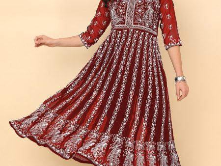 HERE&NOW Scoop Neck Chikankari Embroidered Thread Work Georgette Anarkali Kurta Online