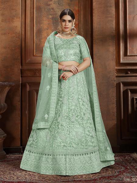 Myra Pista Green Soft Net Heavy Embroidered Lehenga For Discount