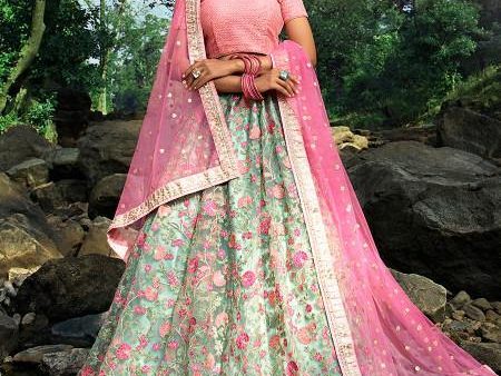 Myra Pink and Light Green Embroidered Net Lehenga Fashion