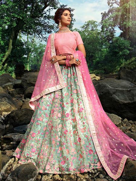 Myra Pink and Light Green Embroidered Net Lehenga Fashion