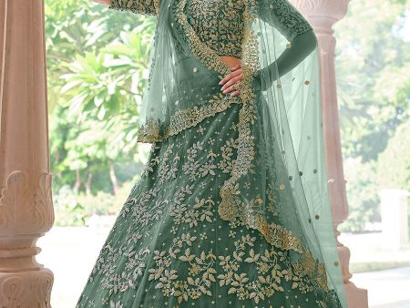 Myra Rama Green Net Embroidered Lehenga For Sale