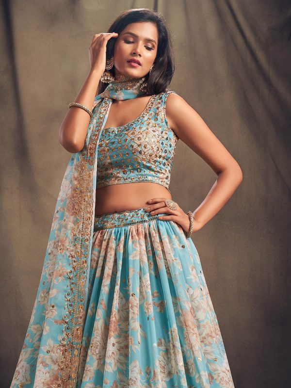 Myra Sky Blue Organza Silk Embroidered Lehenga Supply