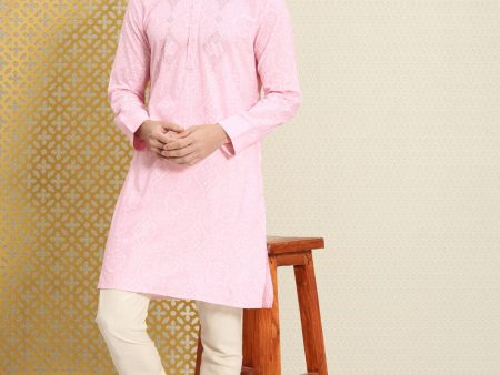 House of Pataudi Men Pink & White Bandhani Printed Pure Cotton Jashn Kurta For Discount