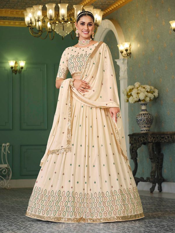 Myra Beige Georgette Embroidered Designer Lehenga Sale