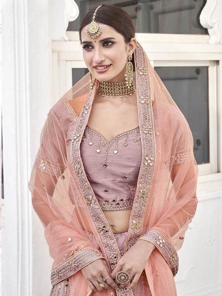 Myra Rose Pink Heavy Embroidered Silk Bridal Lehenga For Cheap