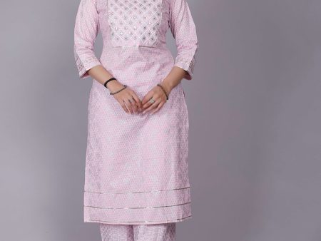 HERE&NOW Pink Ethnic Motifs Embroidered Sequinned Pure Cotton Kurta with Palazzos on Sale